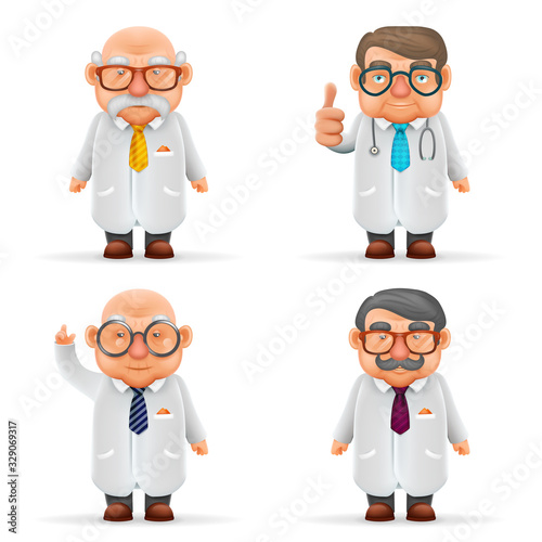 Experienced doctors team 3d realistic cartoon characters set design isolated vector illustration