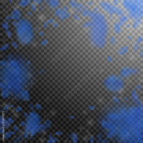 Dark blue flower petals falling down. Charming rom