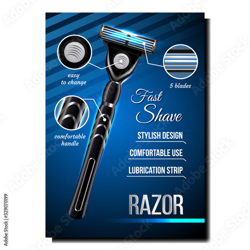 Razor For Shave Creative Advertising Banner Vector. Metal Safety Razor Stylish Design, Comfortable Use And Lubrication Strip. Personal Facial Care Hygiene Colorful Concept Template 3d Illustration