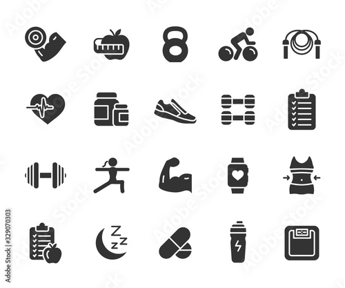 Vector set of fitness flat icons. Contains icons gym, nutrition, cardio exercises, sports supplements, yoga, sleep, workout and more. Pixel perfect.