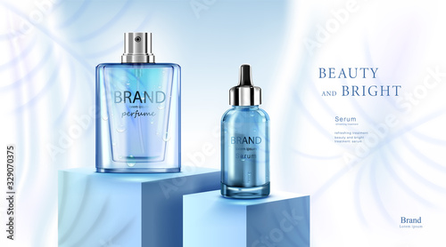 Luxury cosmetic Bottle package skin care cream, Beauty cosmetic product poster, with water drop and blue color background