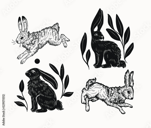 Easter rabbit isolated vector illustration in linocut style. Vintage stamp design of a bunny for print. Use for your creative graphic design projects, lithographs, postcards, invitations, tattoos.