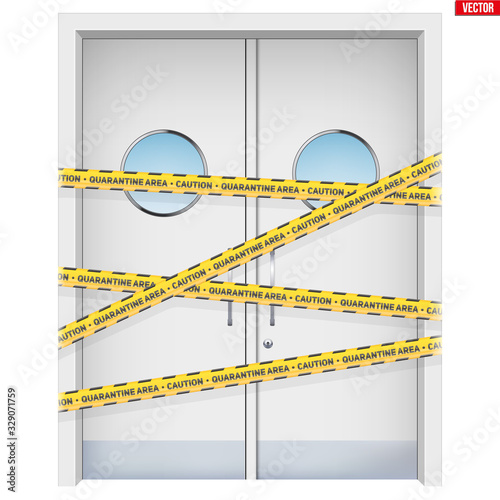 Hospital doors with warning yellow tapes. Element from medical hall. Emergency entrance with Epidemic barrage lines. Vector Illustration isolated on white background.