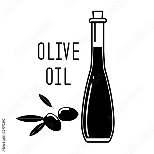 Olive oil in a glass bottle and green olives with leaves. Vector illustration