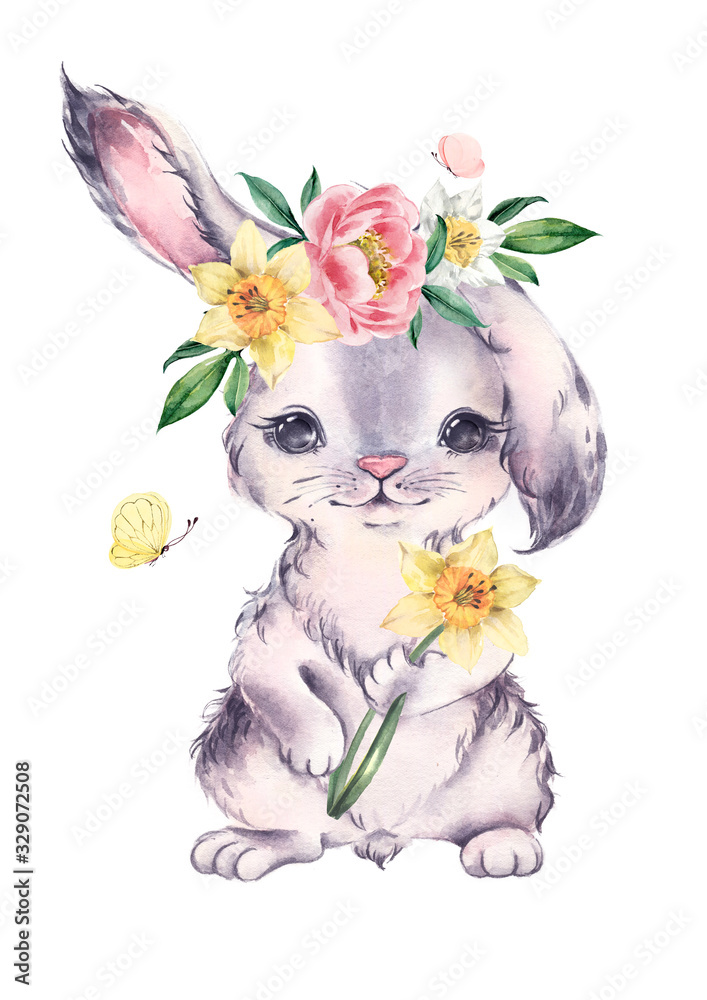 Plakat Akwarela króliczek z wieńcem wiosennych kwiatów. Kartka wielkanocna.