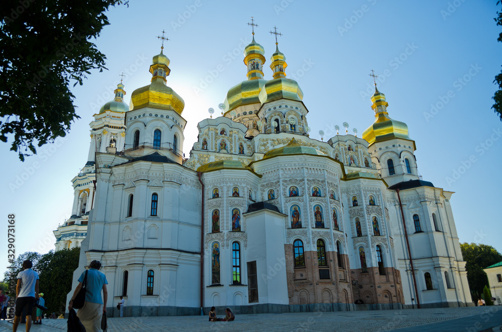 Complex Kiev-Pechersk Lavra in Kiev. Uspensky Cathedral with golden domes. The main cathedral of Kiev. Kiev, Ukraine, July 15, 2017