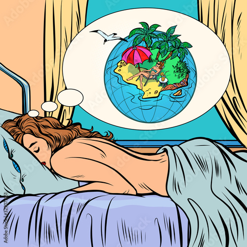 a woman dreams of a vacation on a tropical island