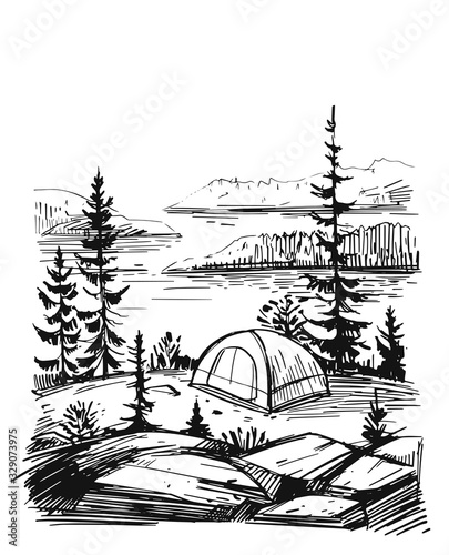 Tourist tent in the mountains, lake and trees. Nature landscape illustration. Background for travel designs. Hand drawn vector sketch on transparent background