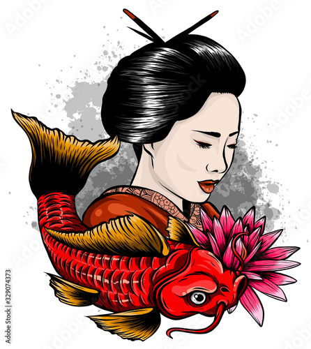 Vector illustration of Japanese geisha feeding sacred Koi carps at autumn time. photo