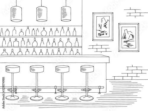 Bar interior graphic black white sketch illustration vector
