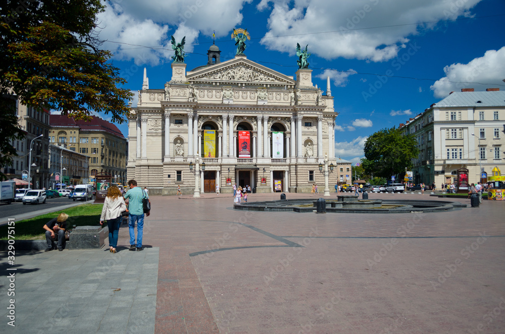 Lviv National Academic Opera and Ballet Theater. Baroque building with a facade, gracefully decorated with columns and bronze sculptures. Lviv, Ukraine, July 18, 2017