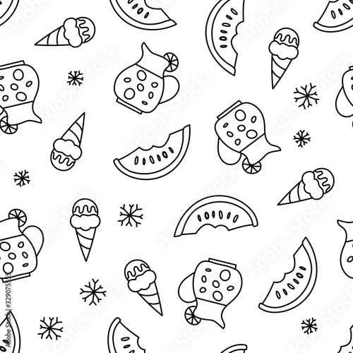 Summer ice cream pattern. Seamless cute line background. Watermelon and drinks.