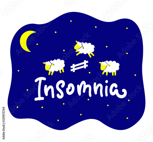 Insomnia picture. Night, moon and cute cartoon sheep jumping over fence. Vector stock illustration. Problem of insomnia, sleeplessness, sleep disorder.