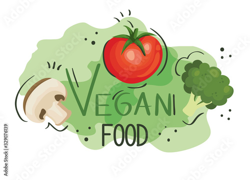 vegan food poster with tomato and vegetables vector illustration design