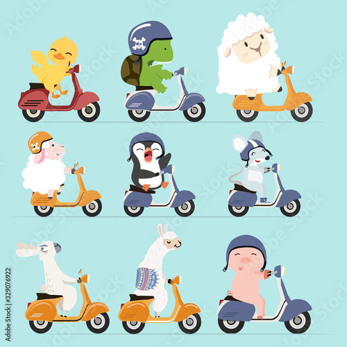animals riding with scooter vector set
