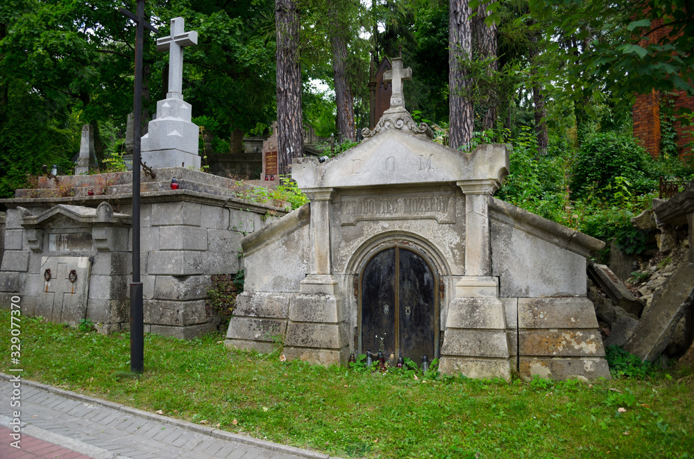 Lychakiv memorial cemetery in Lviv. An ancient Lutheran cemetery with statues and Gothic architecture. Lyubov, Ukraine, July 19, 2018