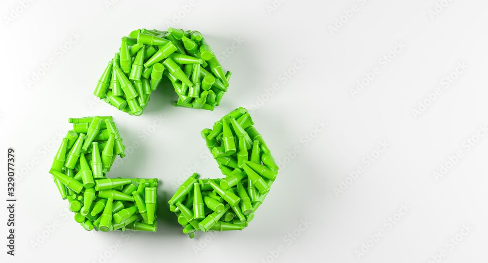 Recycle logo made of heap of green used plastic bottles over white background. Recycle logo made of heap of green used plastic bottles over white background.