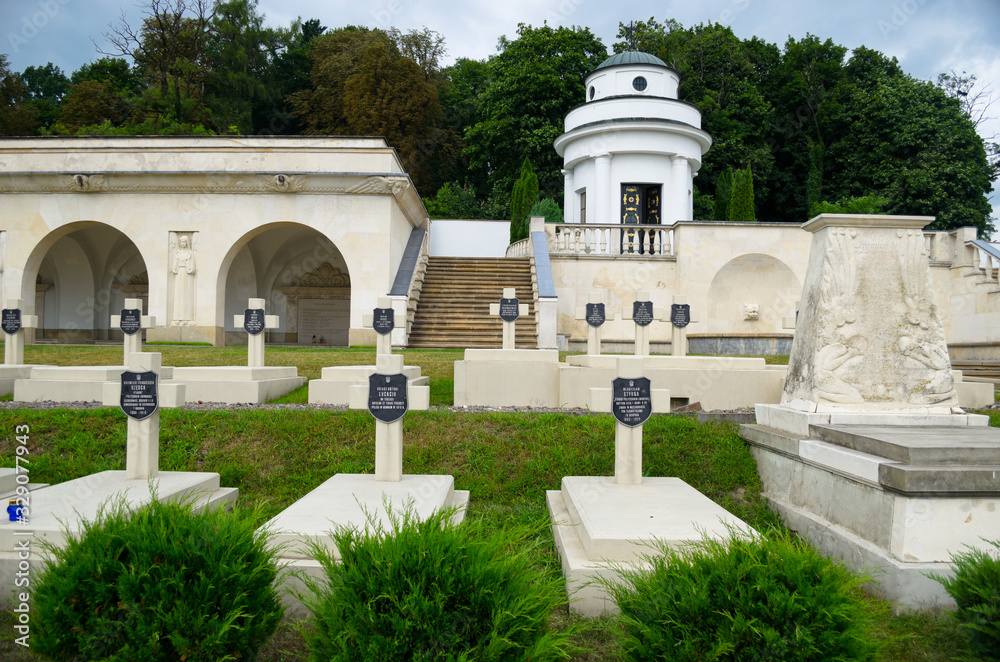 Cemetery of the defenders of Lviv - Lviv eagles. Lychakiv memorial cemetery in Lviv.  Burial places of Polish defenders of Lviv. Many stone white crosses. Lviv, Ukraine, July 19, 2018