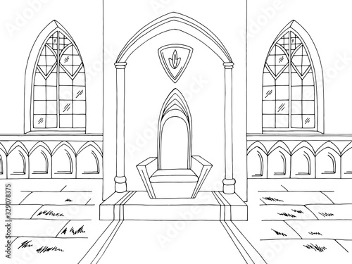 Throne room graphic castle interior black white medieval sketch illustration vector