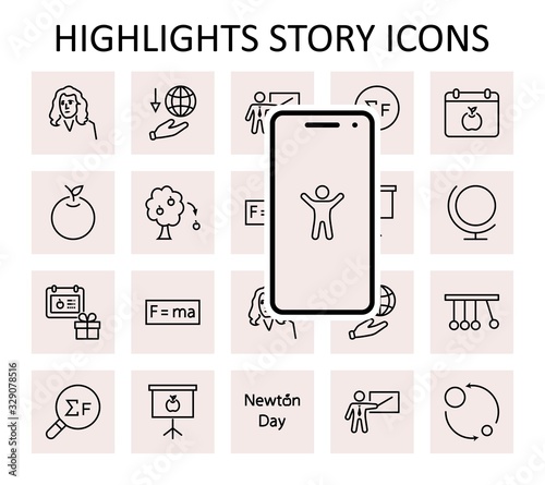 Newton's Day Set Line Vector Icon. Contains such Icons as Newton, Laws of physics and gravity, Flying Apple, Calendar, Teacher, blackboard and projector Editable Stroke. 32x32 Pixels