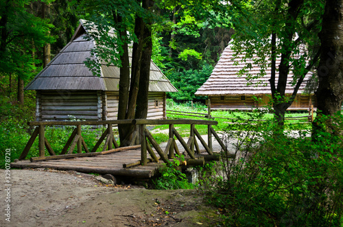 A green garden in the backyard with a wooden hut and lawn. Beautiful forest with a glade and a country house. Countryside lente housing  holiday home. Wooden Old Russian Architecture.