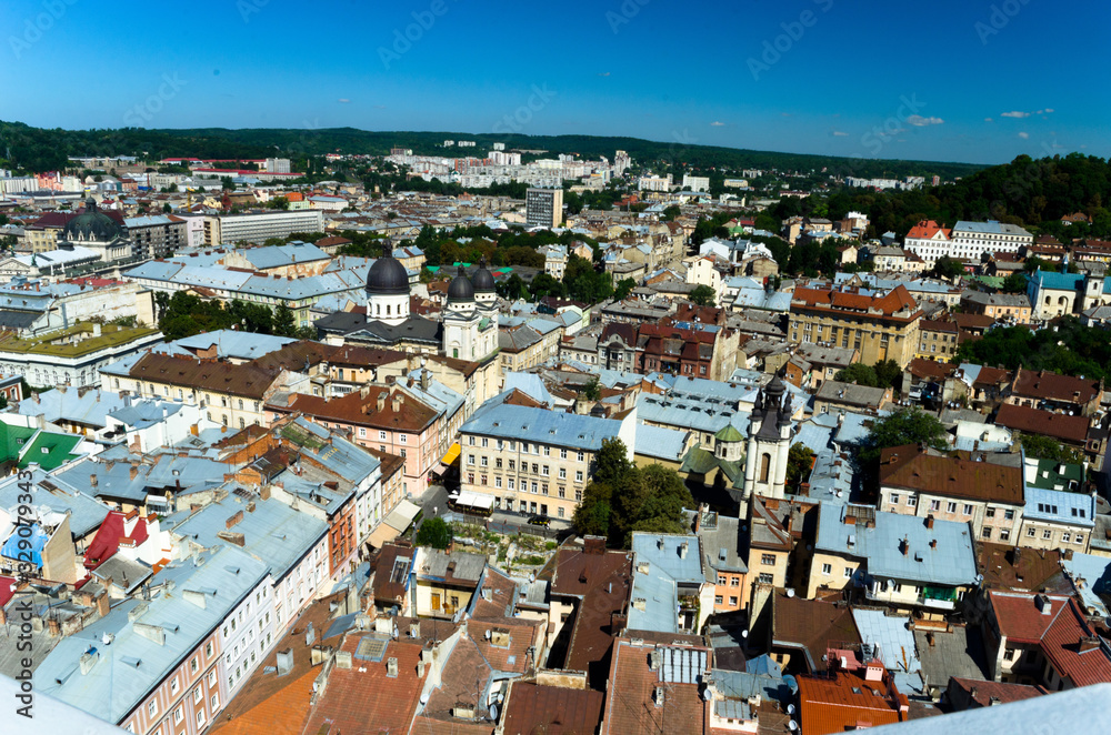 Panorama of the city of Lviv. Medieval city with red tiled roofs. A city for romantic people and lovers. Cozy Europe. Lviv, Western Ukraine, July 18, 2017
