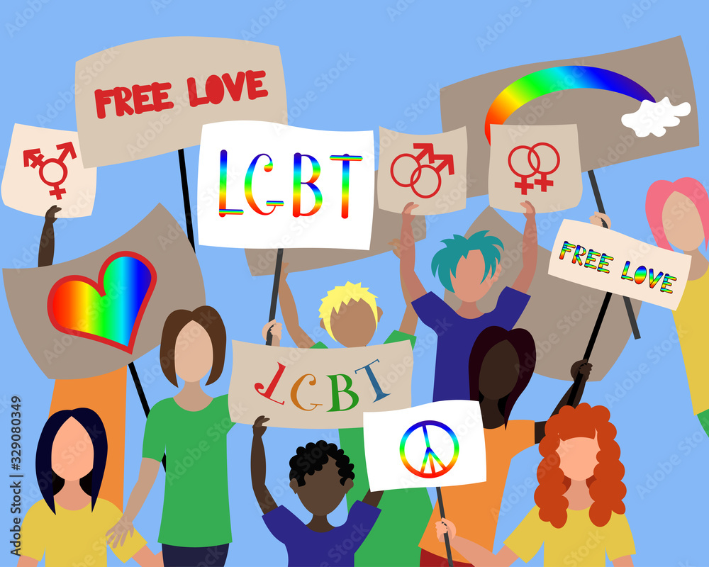 A group of protesting people with posters. LGBT A group of protesting people with posters. LGBT