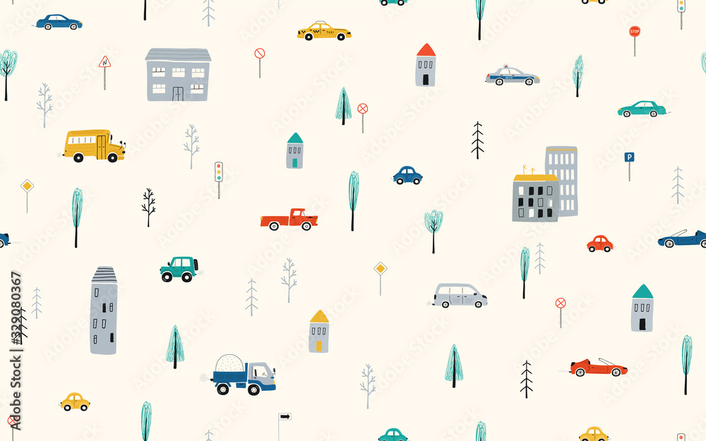 Obraz premium Wzór ładny dzieci z samochodów, drogi, domy na jasnym tle. Ilustracja miasta w stylu kreskówki do projektowania tapet, tkanin i tekstyliów. Wektor