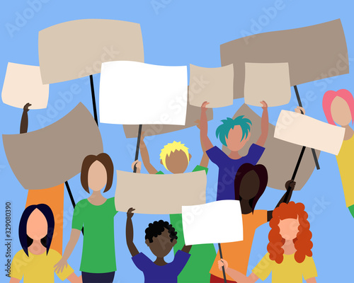 A group of protesting people with posters. Position, requirements.