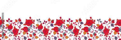 Festive Roses Border-Flowers in Bloom seamless repeat pattern. Classic rose and leaves pattern background in red,orange,green white. Perfect for fabric, scrapbook,wallpaper