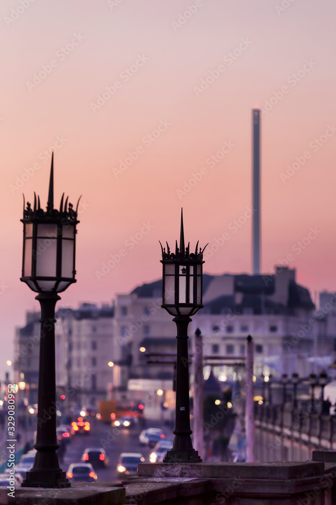 lamp posts and i360 at dusk in Brighton