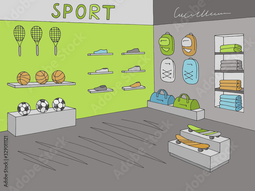Sport shop store graphic interior color sketch illustration vector