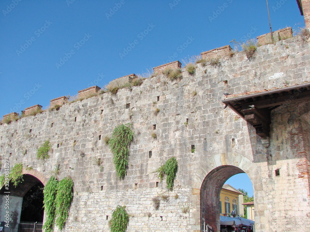 The walls of the ancient Pisa fortress are covered with vegetation under the rays of the morning sun.