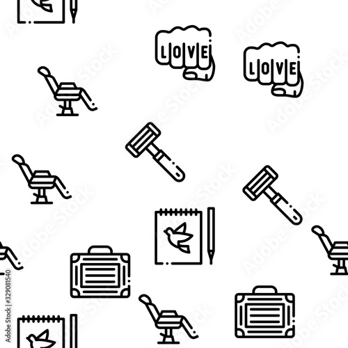 Tattoo Studio Tool Seamless Pattern Vector Thin Line. Illustrations