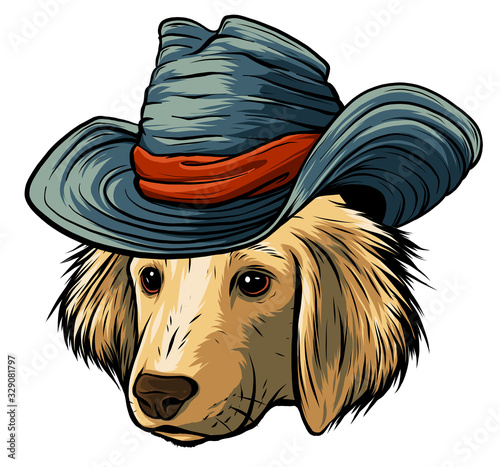 vector serious cartoon hipster dog Labrador Retriever in a gray silk hat