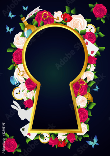 Red roses and white roses, a clock and a key, a white rabbit, a potion, a Cup of tea and butterflies. Background of Wonderland. Rose flower frame and gold keyhole. vector illustration