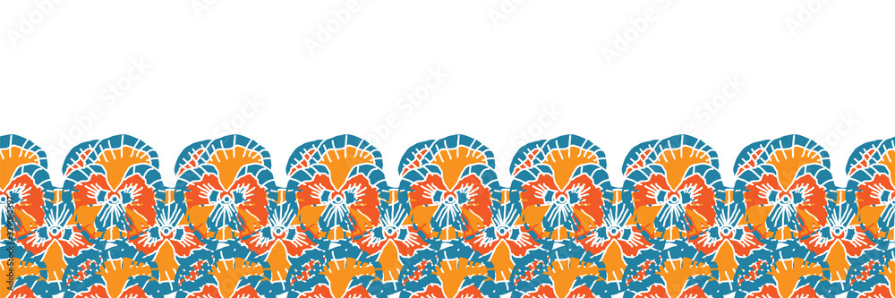 Pansy Abstract Border -Flowers in Bloom Seamless Repeat Pattern. Pansy flowers and leaves abstract pattern border background in yellow,orange,green and blue. Perfect for Fabric, Scrapbook,wallpaper