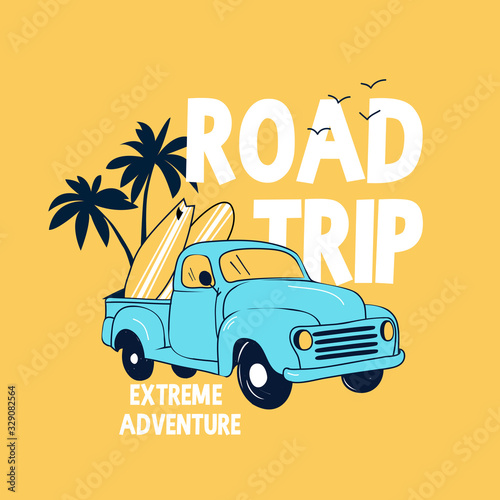 Travel car and slogans vector illustration for summer print design.