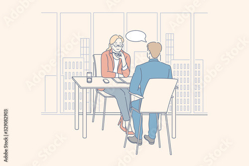 Meeting, interview, service, hr, business concept. Businesspeople businesswoman, man employer employee clerk hr manager boss company workers communicate in office together. Insurance service. Vector