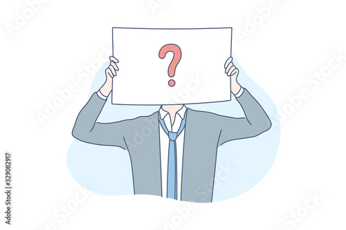 Businessman with question mark. Not identified office clerk, male, unknown user, person, character, incognito. Business secrecy and obscurity. Free vacancy, hr management. Simple flat vector