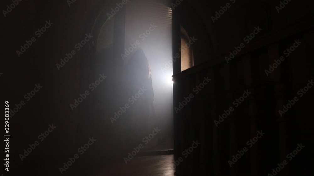 Silhouette of an unknown shadow figure on a door through a closed glass door. Spooky silhouette girl at night with smoke in background