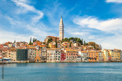 Rovinj on Adriatic sea in Croatia , Europe. The historic part of city Rovinj with the Church of Saint Euphemia.