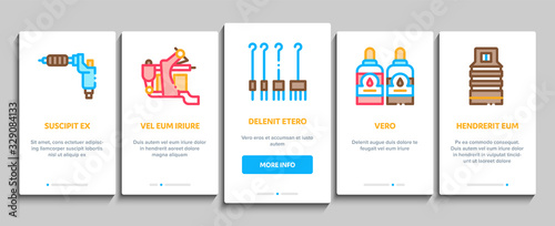 Tattoo Studio Tool Onboarding Mobile App Page Screen Vector. Tattoo Studio Machine And Razor Equipment, Chair And Case, Cream And Ink Bottles Concept Linear Pictograms. Color Contour Illustrations