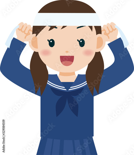 ハチマキを巻く学生　女子　上半身