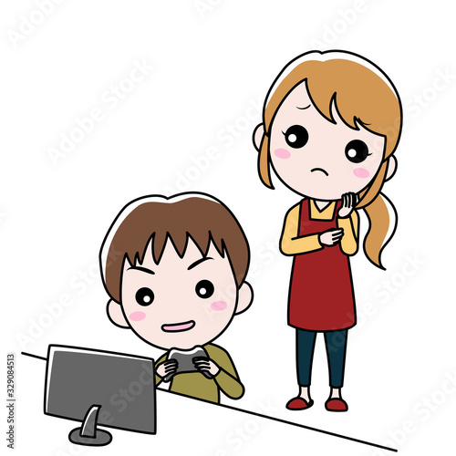 ゲームをする男の子と心配する母親