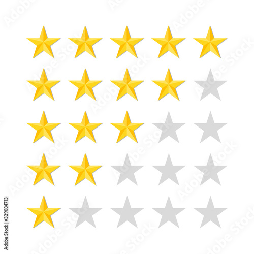 Five rating stars on white background. Top mark of quality  success. High or bad statistics. Gold stars in row for media interface  classification systems. 5 icons of likes. Rank bar in flat. Vector.