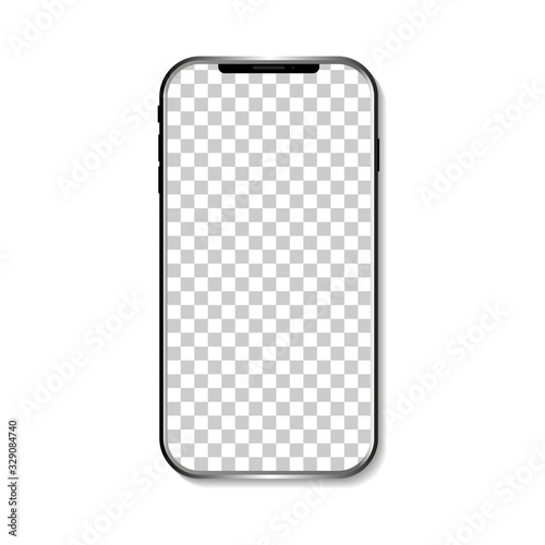 Realistic modern smartphone mockup isolated on white background. Blank screen phone. Frame cellphone. Digital transparent touchscreen. Portable smart device. Psd. Silver front mock. Gadget 3d. Vector