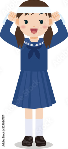 ハチマキを巻く学生　女子　全身