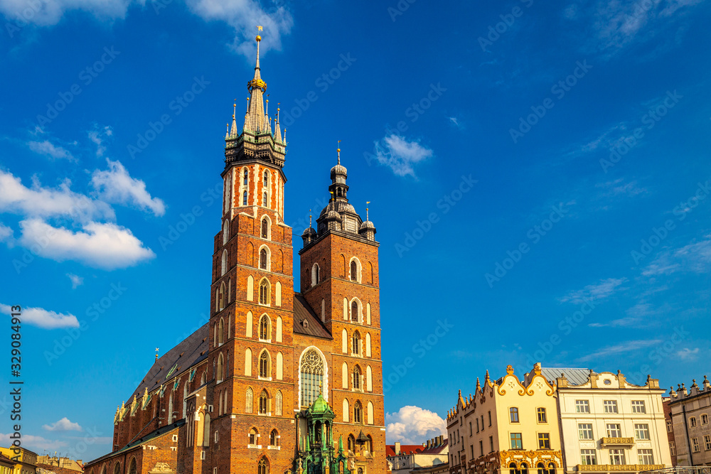 Saint Mary's Basilica on the main market square in Krakow town, Poland, Europe.
