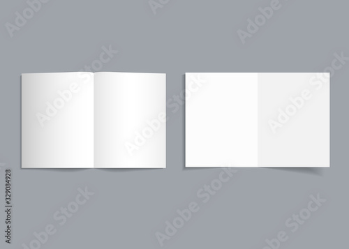 Mockup bifold brochure. White cover of flyer with shadow. Paper template booklet or leaflet for realistic magazine, pamphlet, card, flyer. Open page catalog format of a4, a3, a5. Empty blank. Vector
